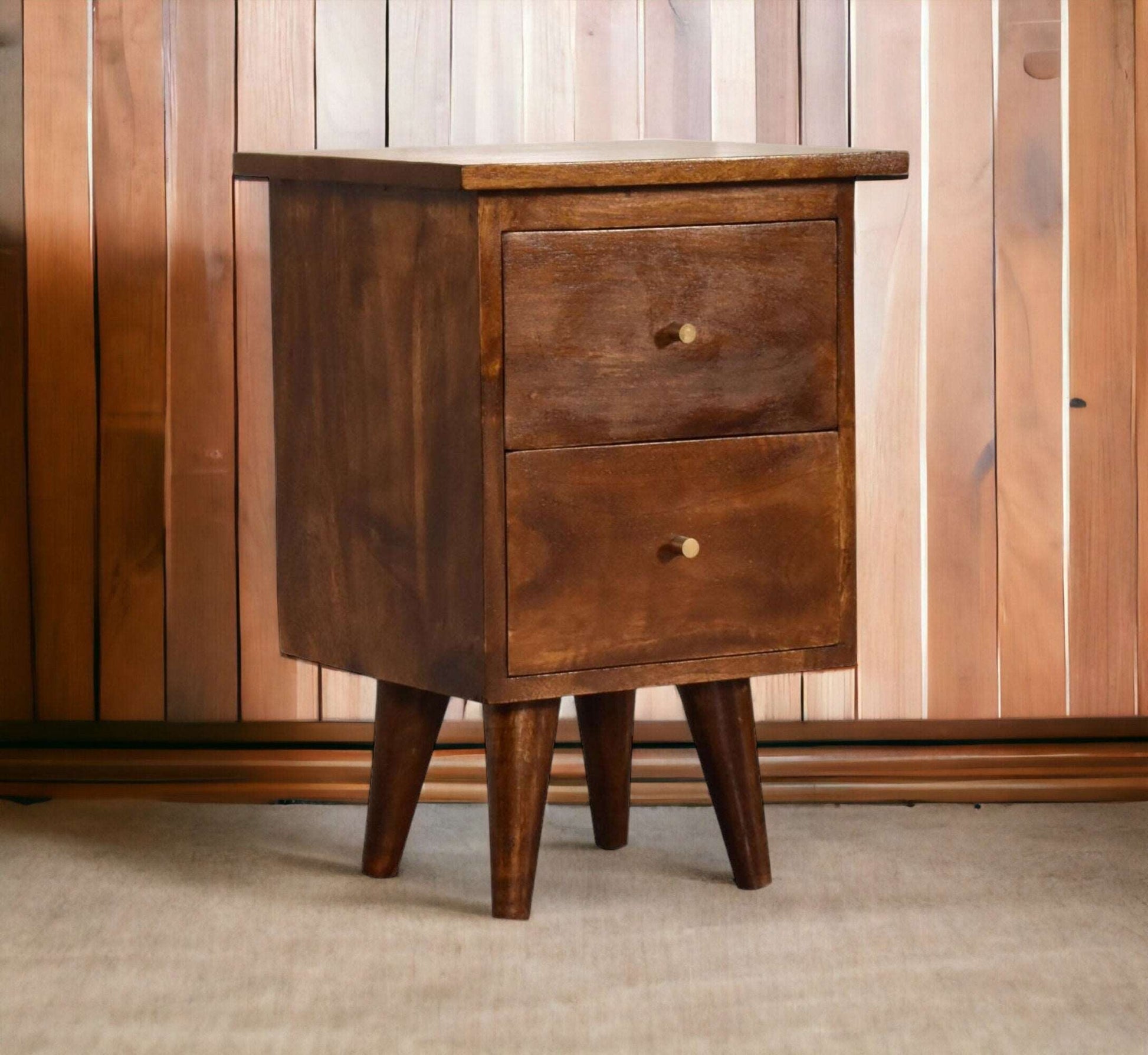 Dark Finish Nightstand, Handcrafted Mango Wood, 2 Drawer Cabinet