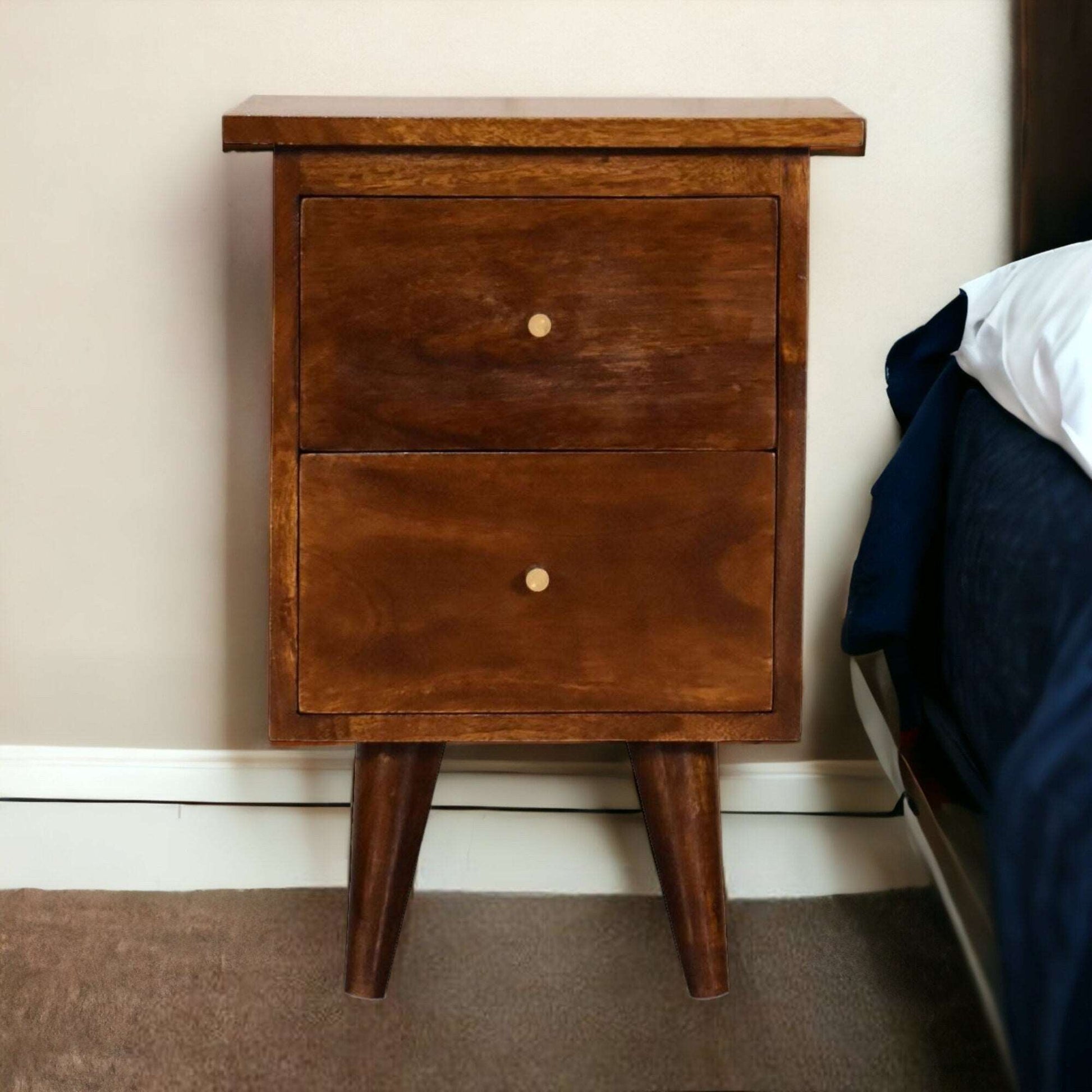 Chestnut Finish Bedside Table, 50 cm Height, Solid Mango Wood, 2 Drawers