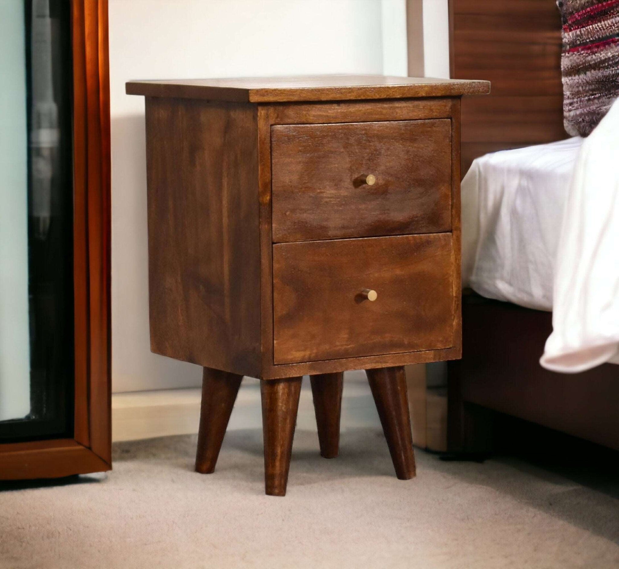 Solid Mango Wood Bedside Table with 2 Drawers, Chestnut Finish