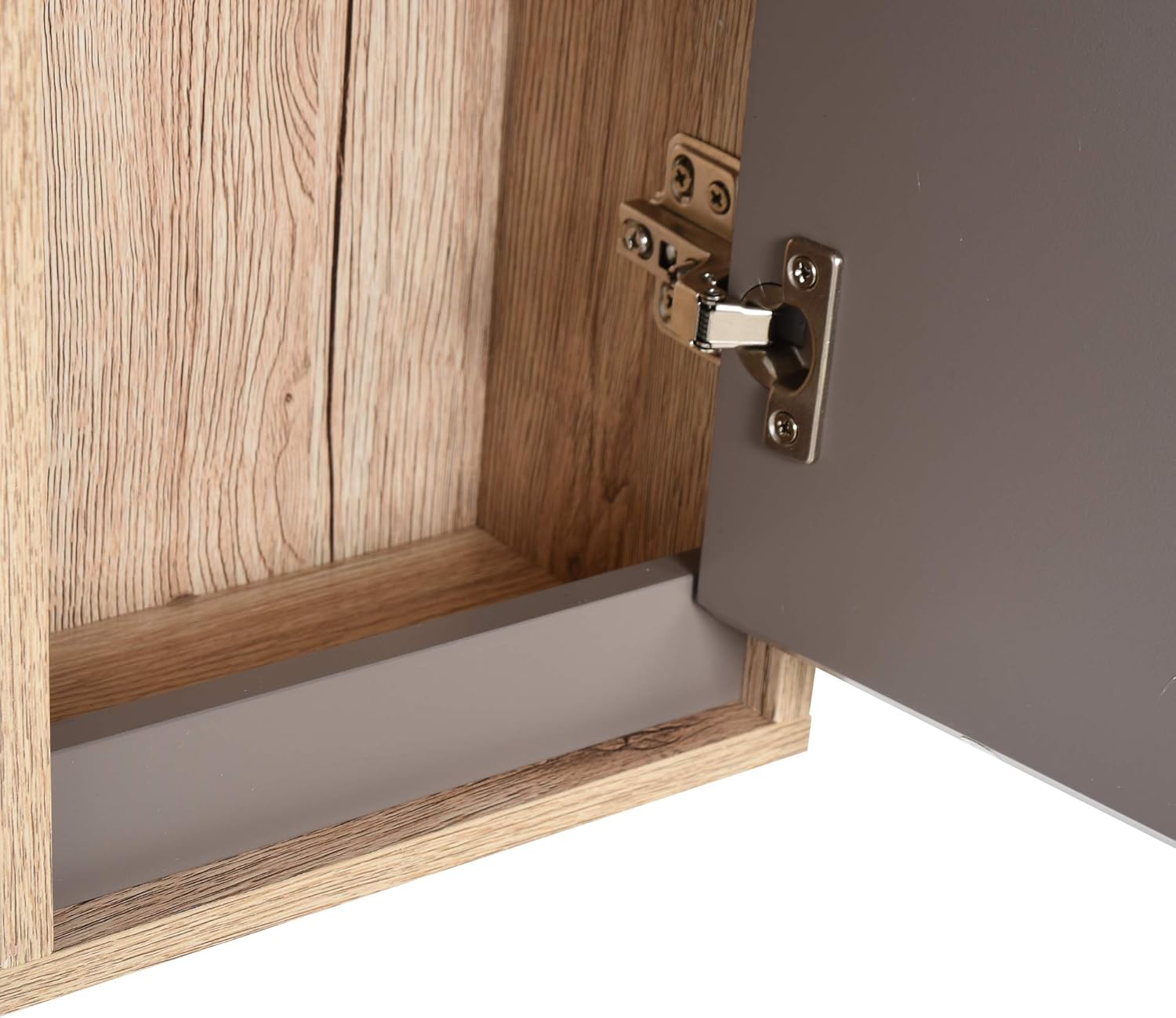 floating storage cabinet with mirror in oak tone