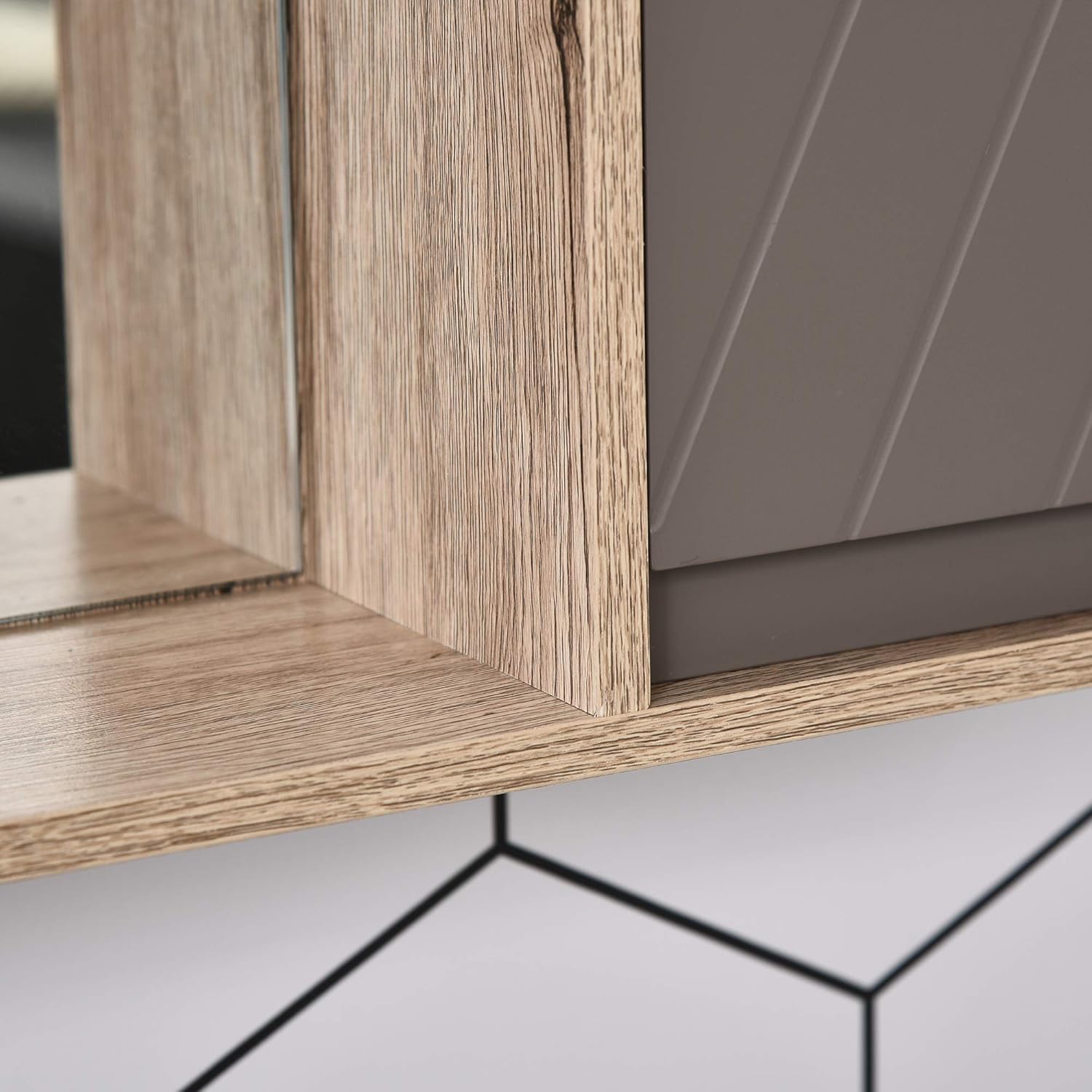 wall wooden shelf with mirror and storage compartments