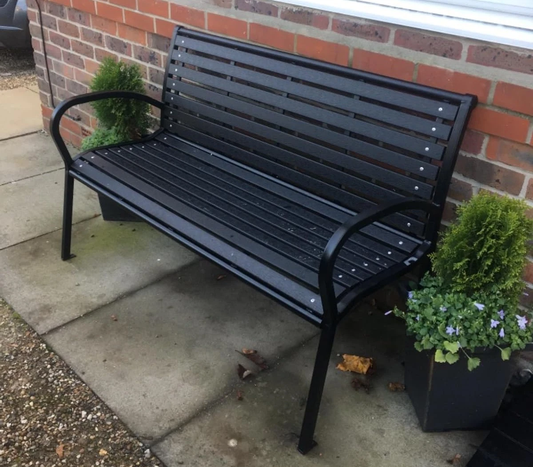 black garden bench with metal frame
