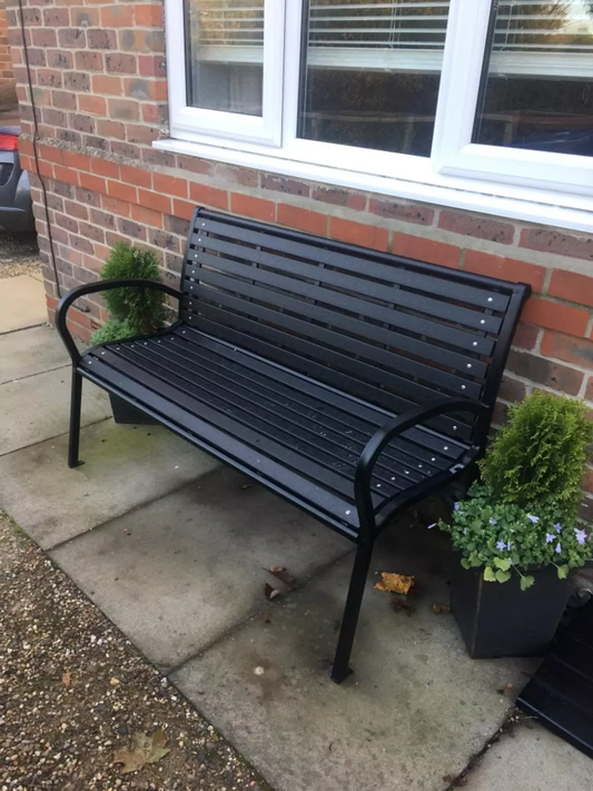 outdoor seating bench made from metal, wood and plastic