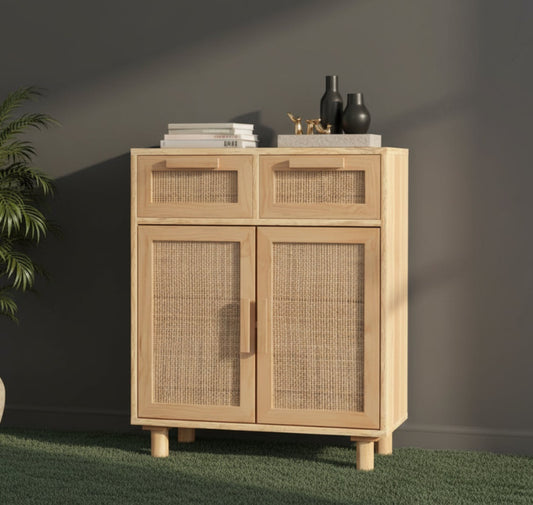 bohemian wooden sideboard with rattan doors and drawers
