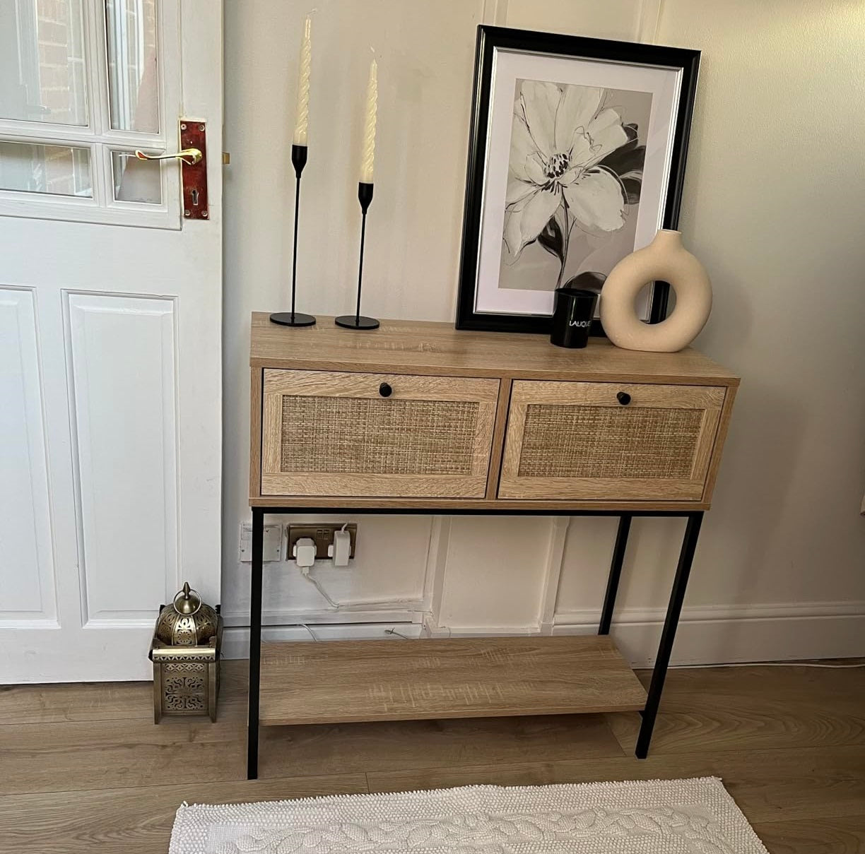 wooden console table with metal frame in oak tone