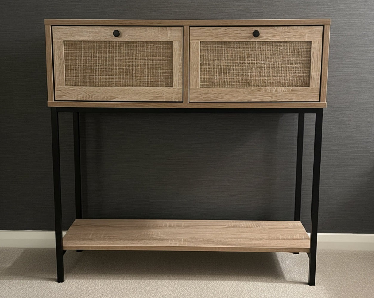 Wooden console table with wicker rattan drawers