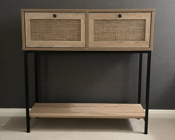 Wooden console table with wicker rattan drawers