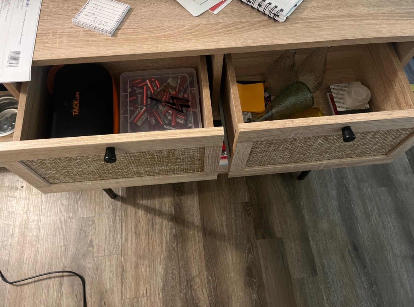 wicker rattan console table with 2 drawers in oak tone