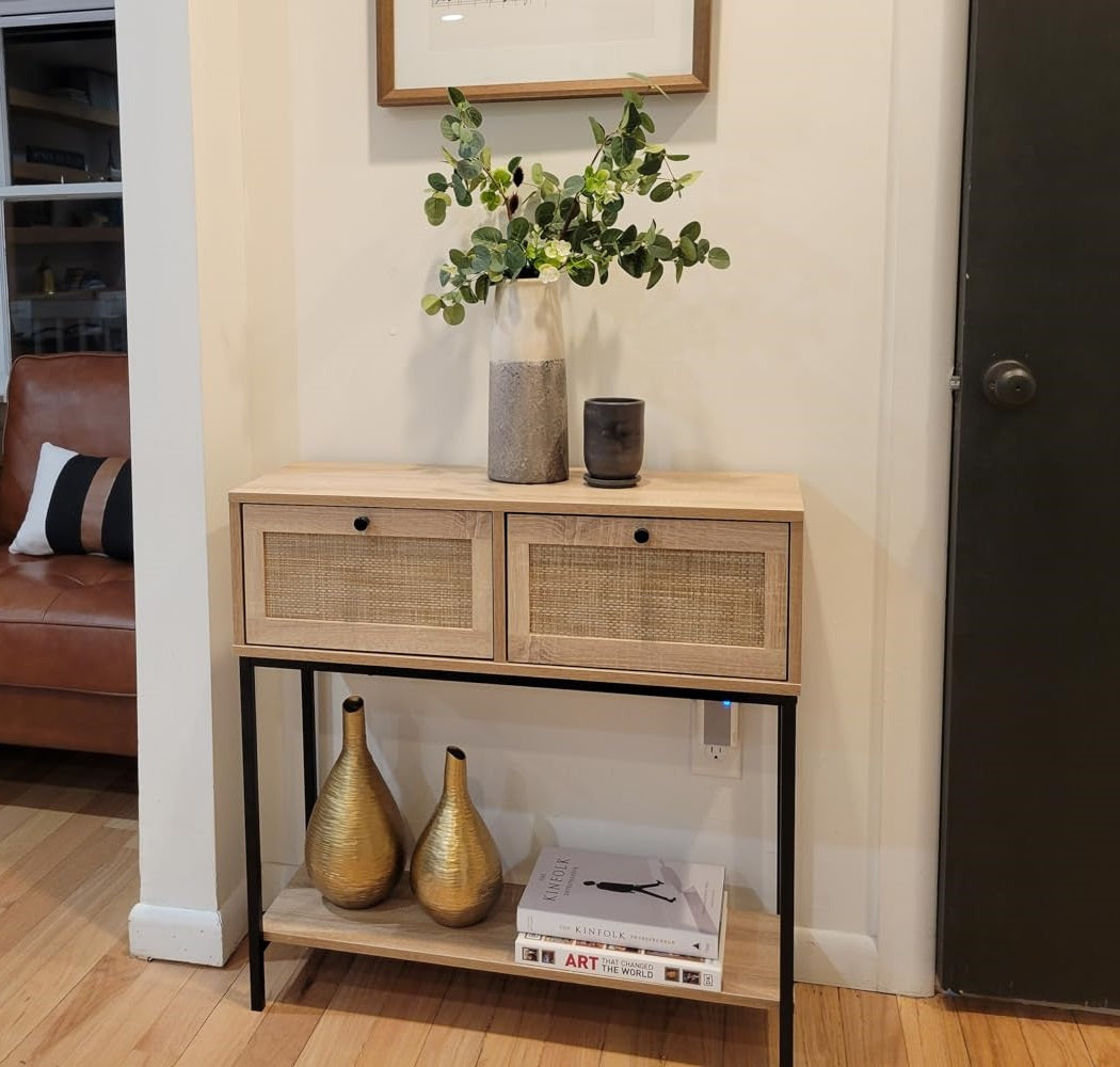 oak wood tone console table with storage for hallway