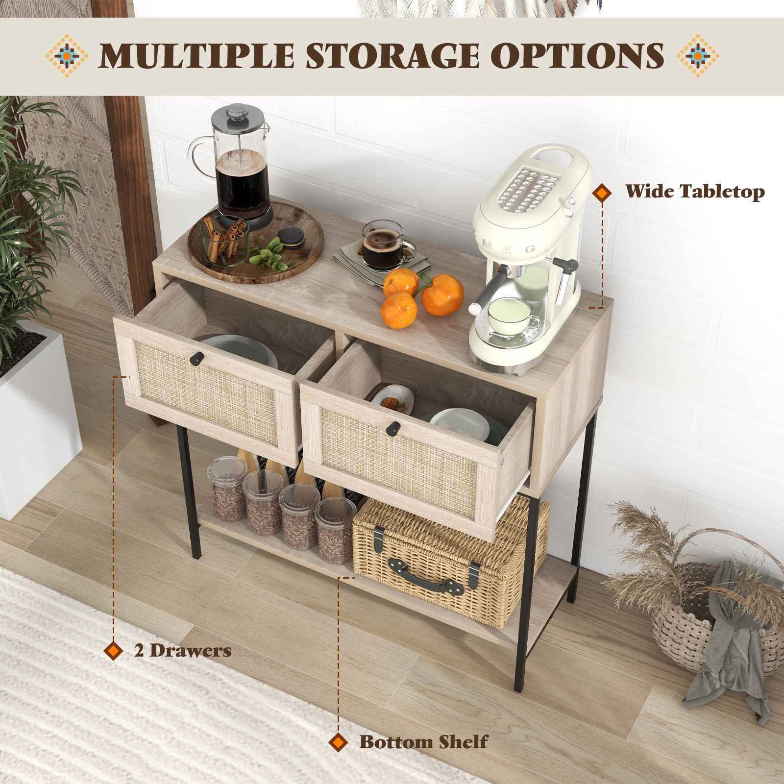 entryway table with metal legs and shelf with 2 rattan drawers