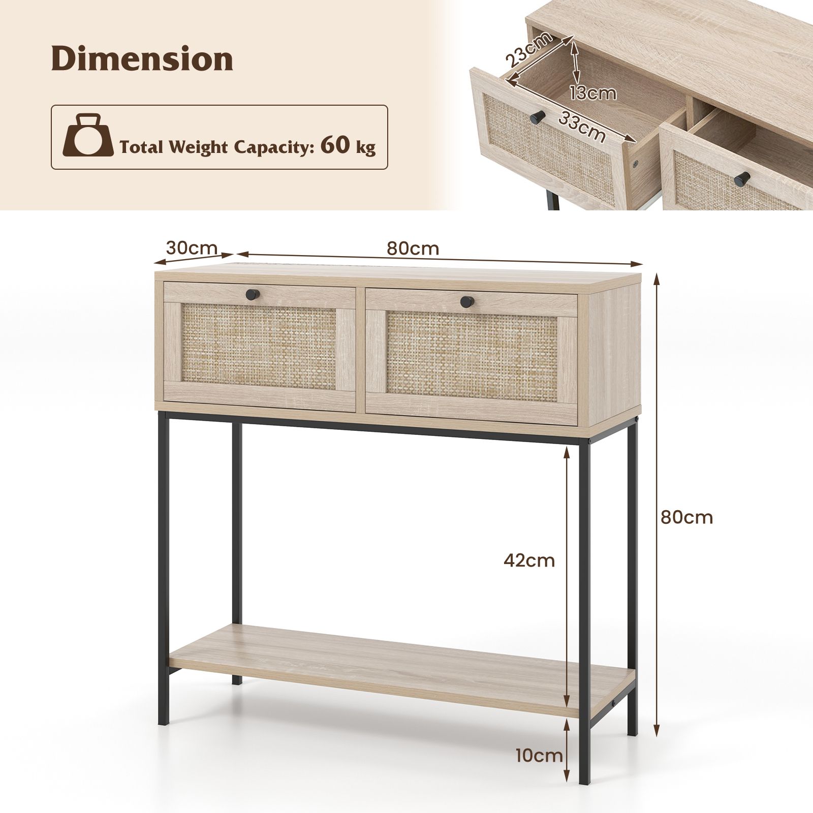 boho style console table for entryway in light wood tone