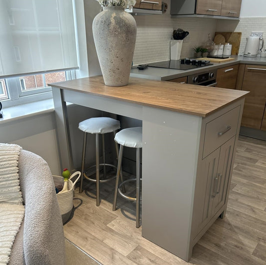 wooden tall grey bar table with drawer and cabinet
