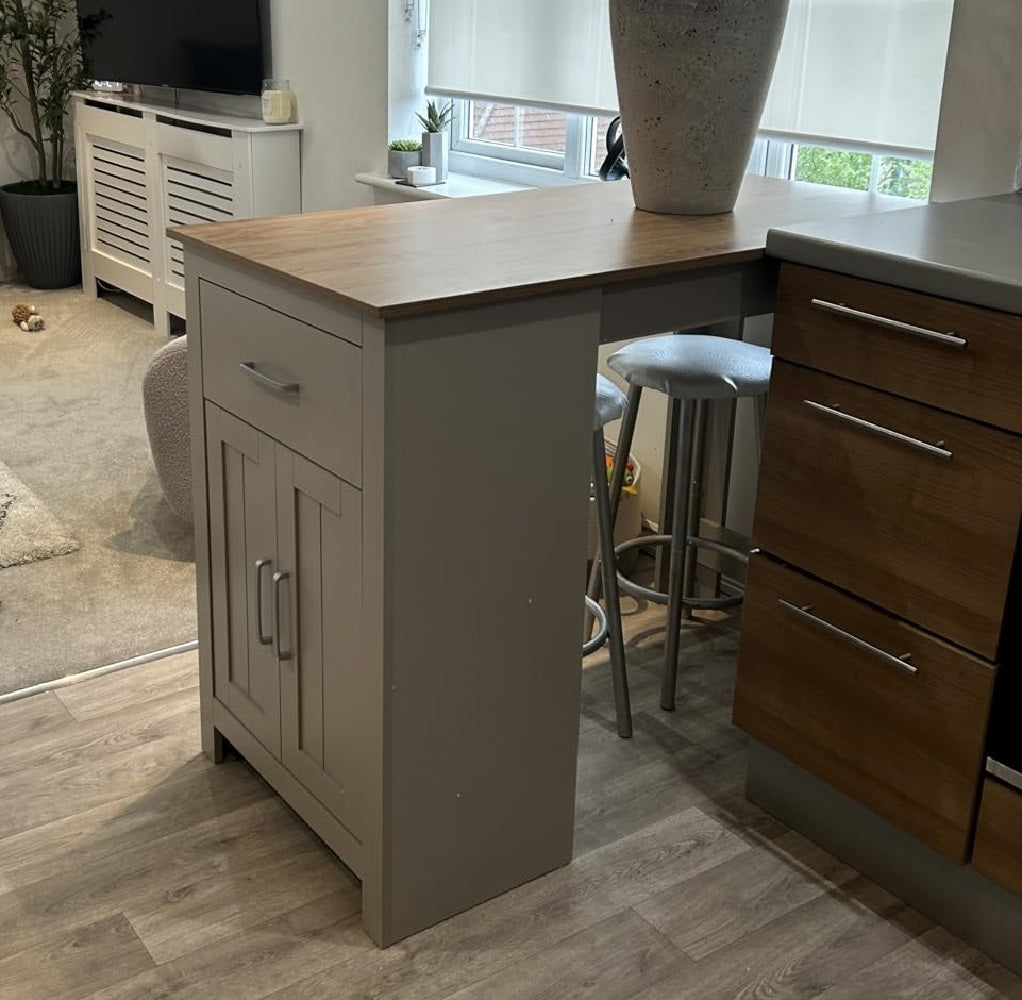 Slim counter height kitchen bar table with two tier cupboard