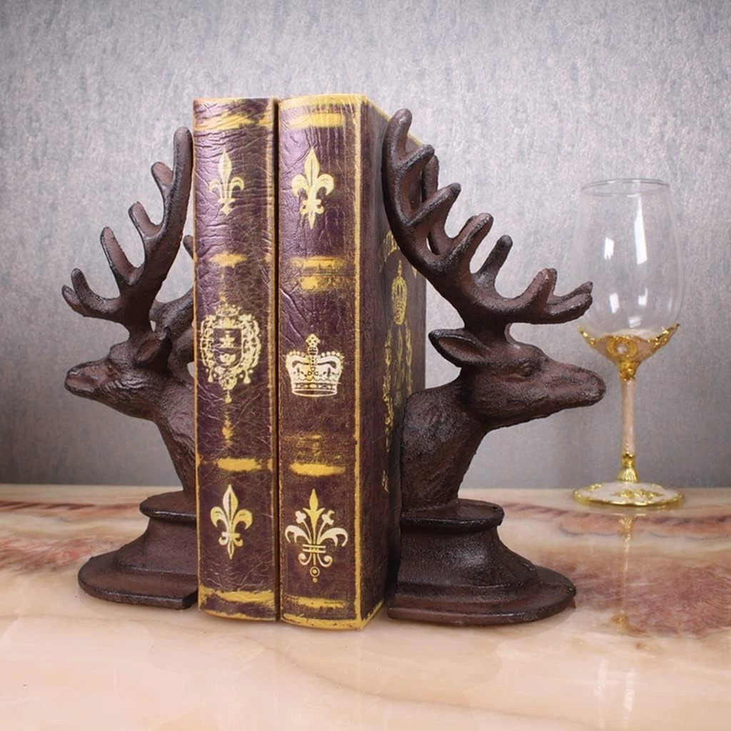 Rustic cast iron deer head bookends with sculptural design