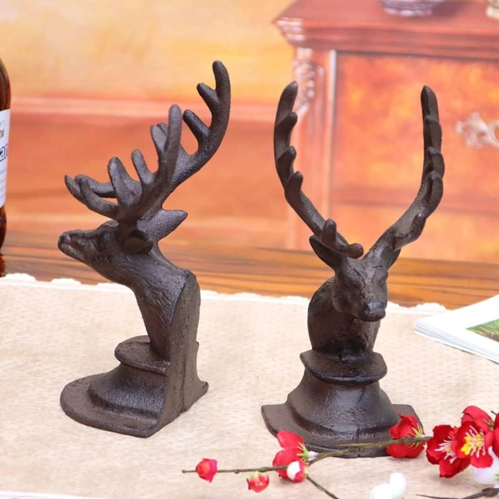 Solid cast iron deer head book holders for bookshelf organisation