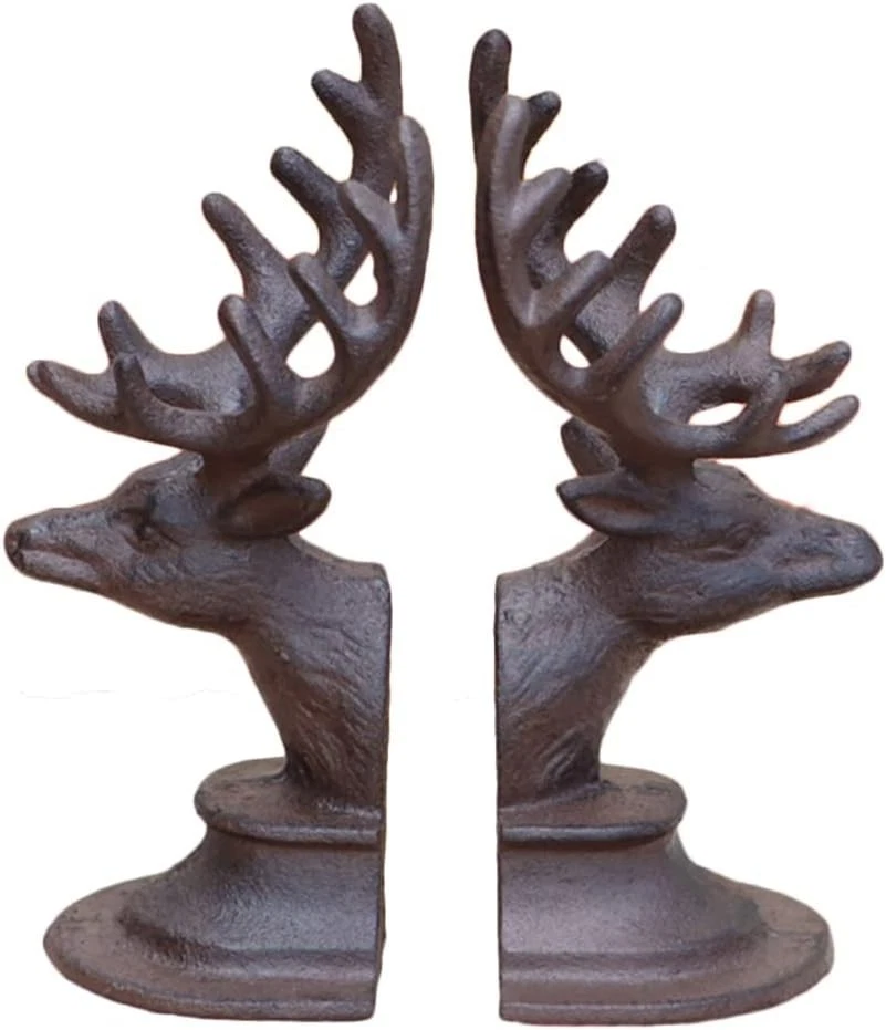 Decorative deer bookends with rustic finish for shelves