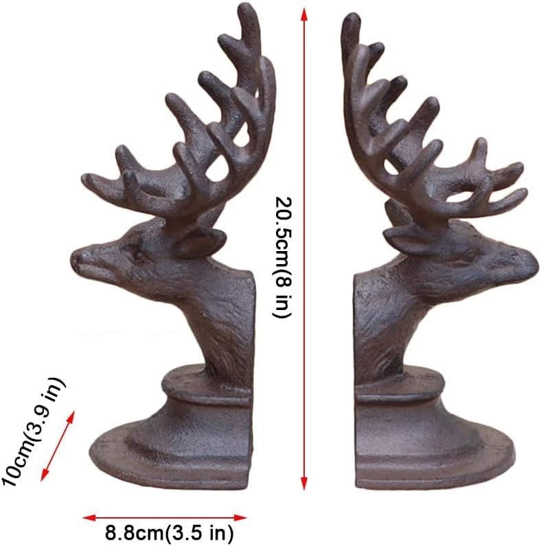 Heavy duty cast iron bookends with deer head sculpture design