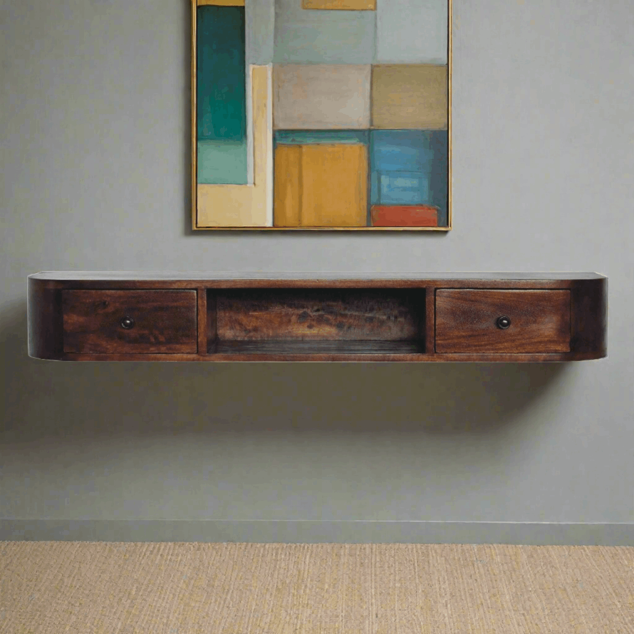 wall mounted console table in dark wood finish