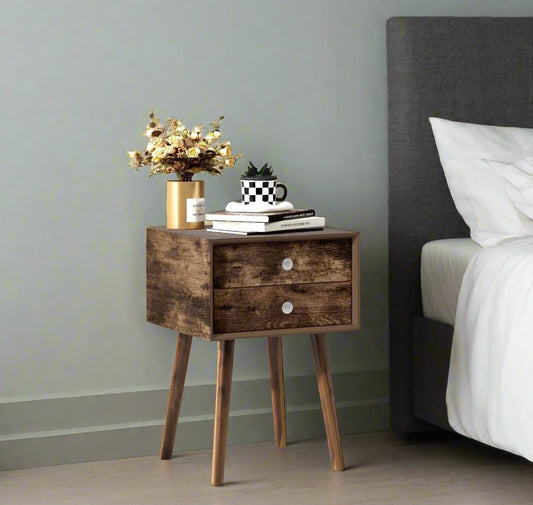 wooden bedside table in dark tone 