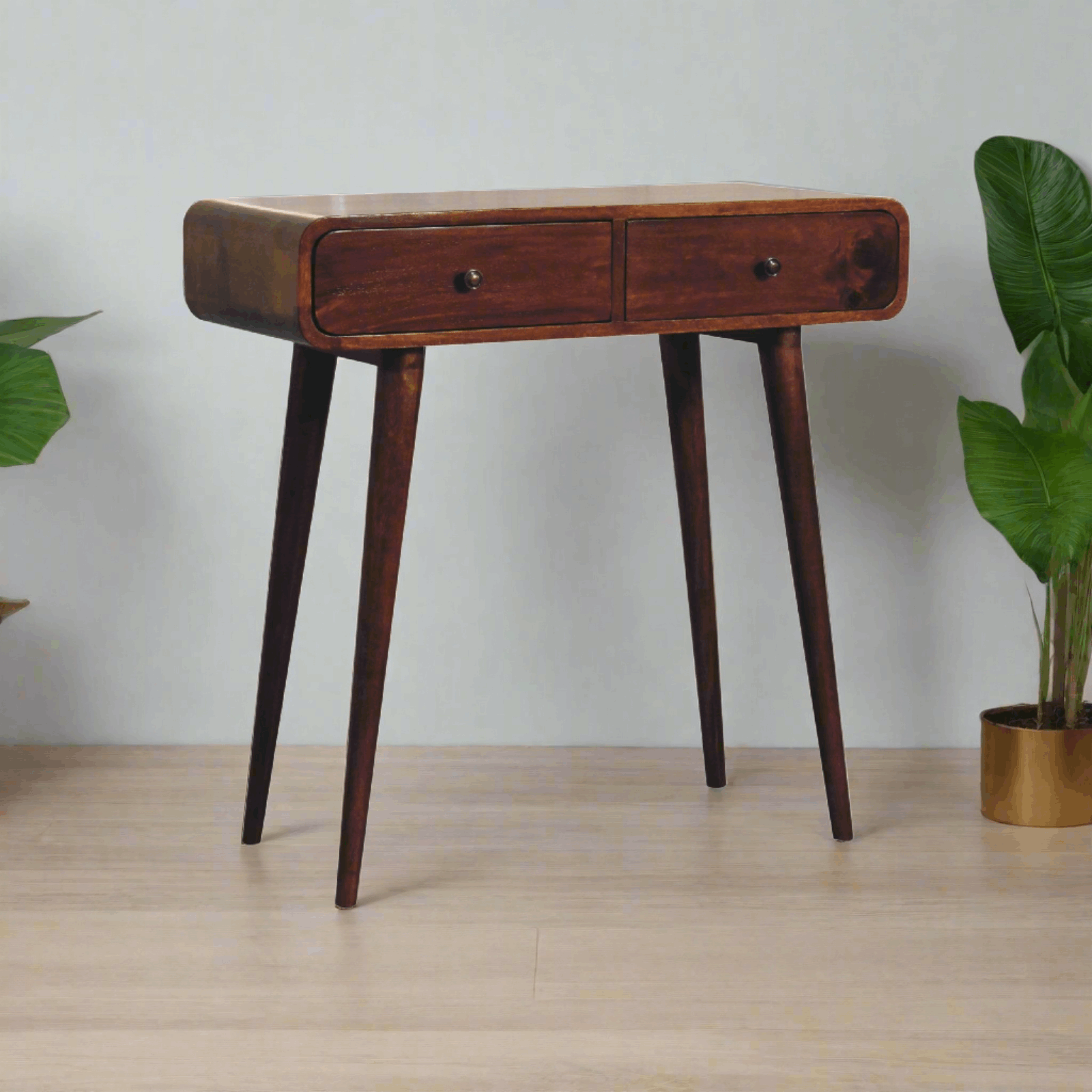 dark wood curved console table with 2 drawers fully handmade