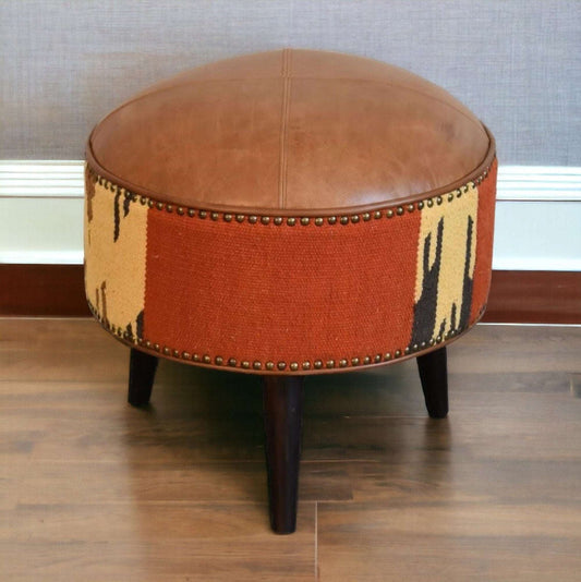 Footstool With Durrie Prints And Buffalo Leather-myuniquefurnishings.co.uk