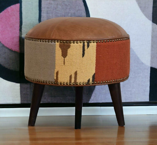 Footstool With Durrie Prints And Buffalo Leather-myuniquefurnishings.co.uk