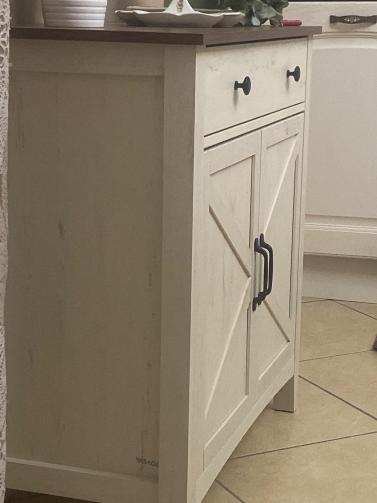 white cupboard with natural wood top in rustic style