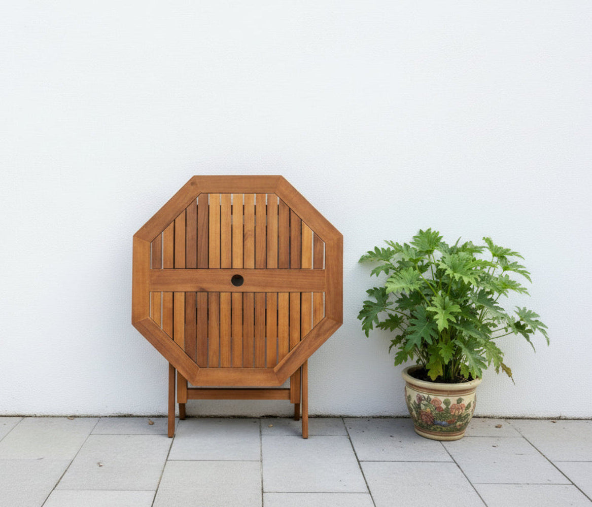 Octagonal wooden patio dining table with natural oil finish