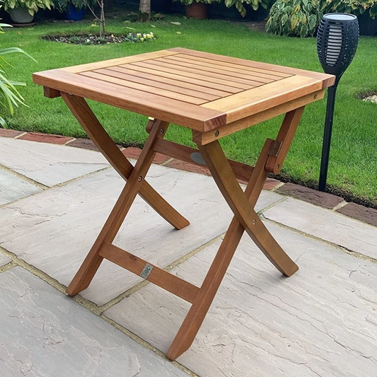 Square wooden patio side table with natural oil finish