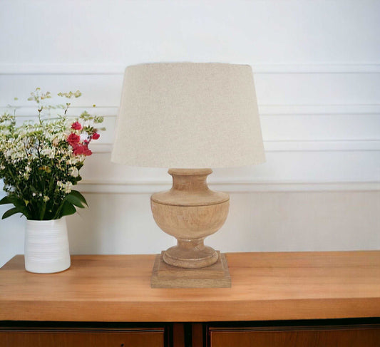 Hand Turned Table Lamp With Linen Shade-myuniquefurnishings.co.uk