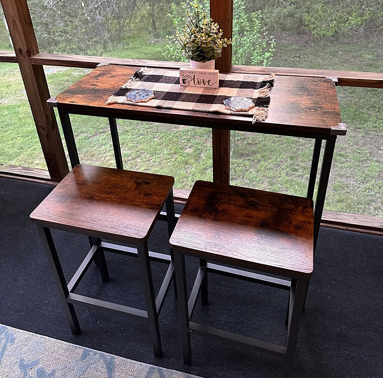 Wooden Dining Furniture Set In Dark Wood Tone With Black Base