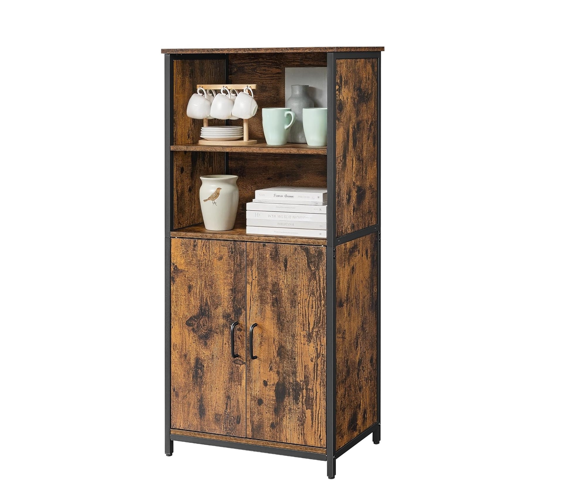 storage cabinet with open storage shelves and 2 doors in dark wod tone