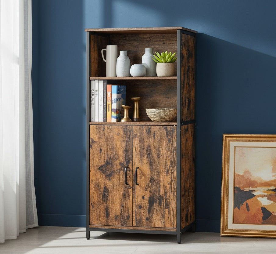 Industrial wooden bookshelf withstorage compartments