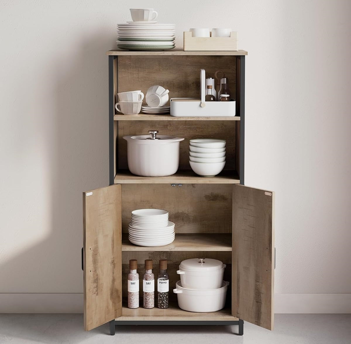 industrial bookcase with open storage shelves and 2 doors
