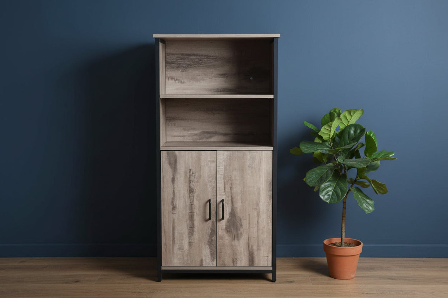 wooden storage cabinet in oak finish for books and ornaments