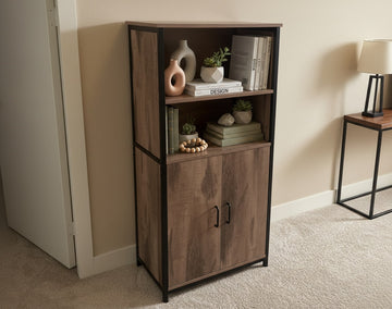 industrial wooden bookcase in oak tone with metal frame