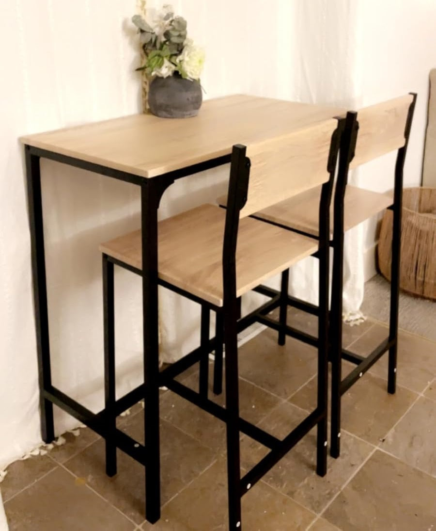 wooden breakfast table with 2 stools in rustic style
