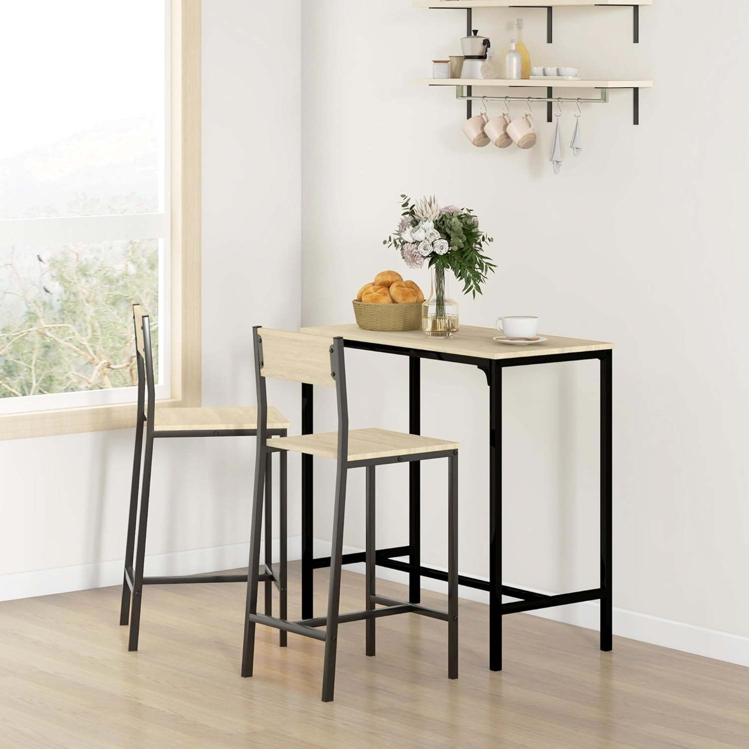 High table with two chairs in oak tone wood