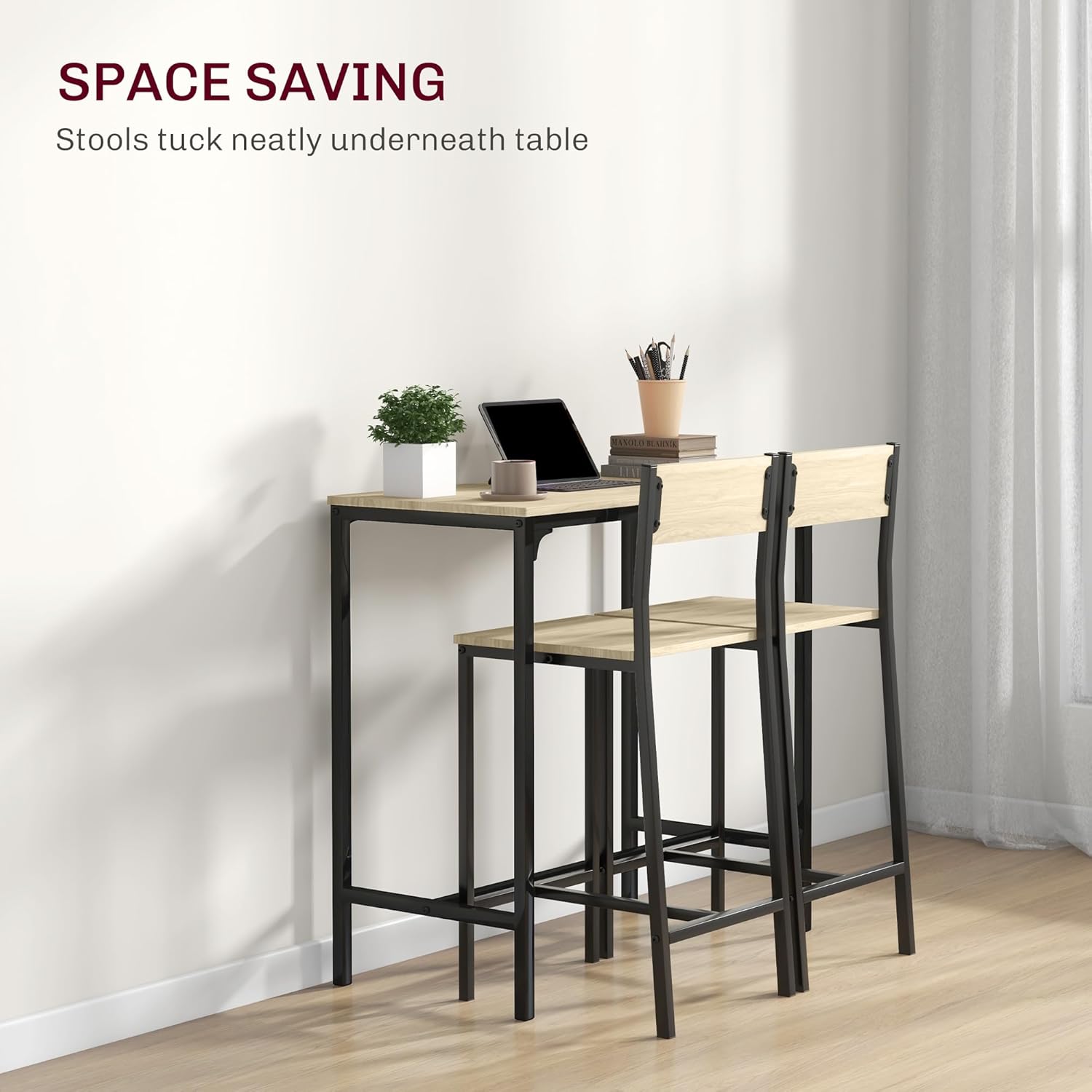 wooden tall table with 2 chairs in oak tone with black base