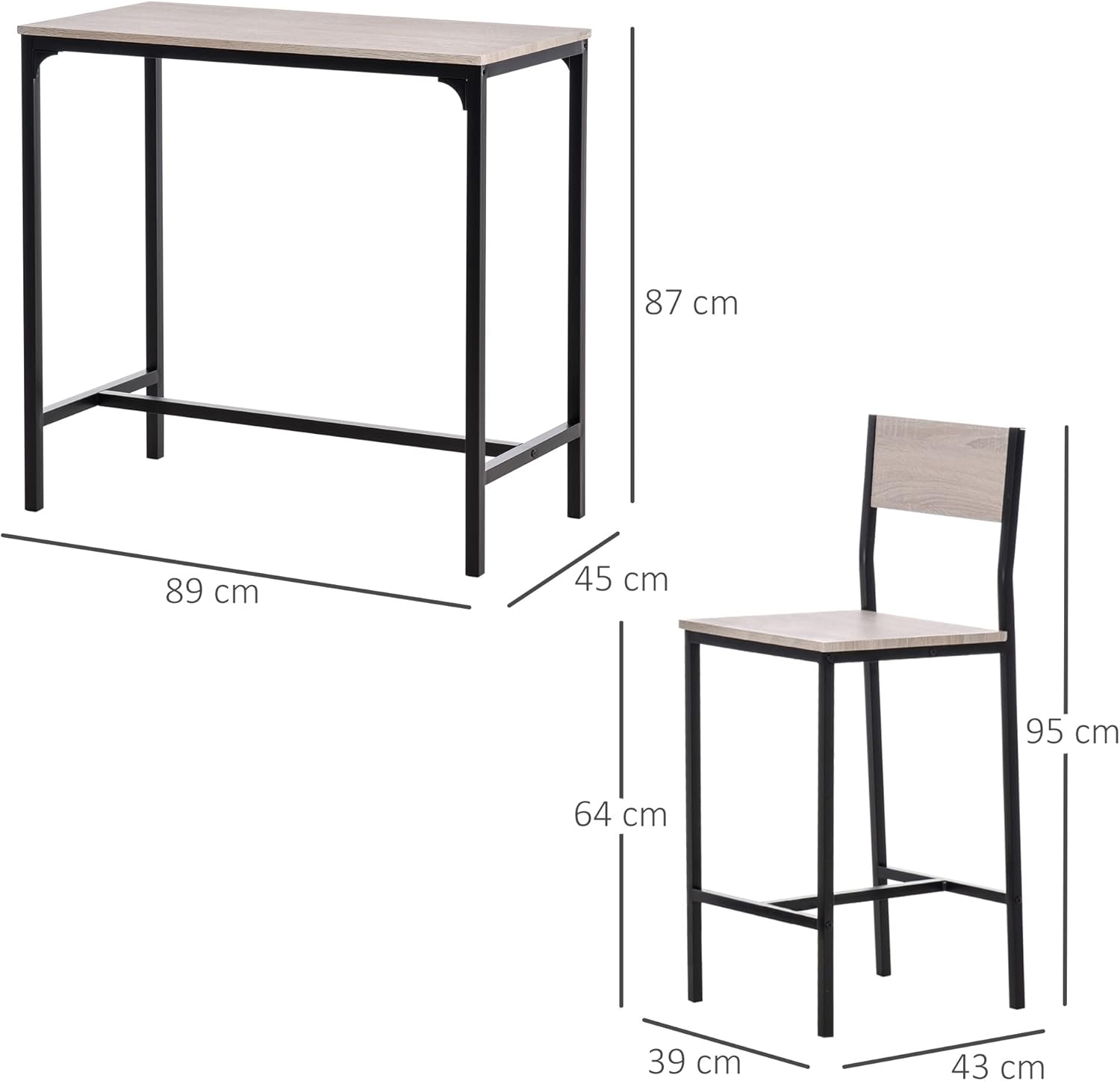 Bar table and chair with dimensions