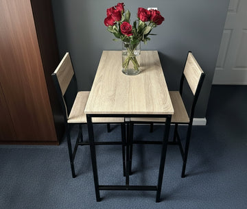 industrial dining set in oak tone wth table and 2 stools