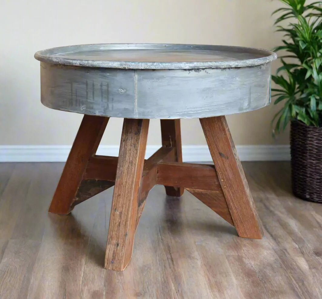 industrial coffee table with barrel shape top