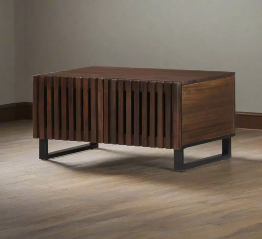 Wooden coffee table with slatted design in dark wood tone