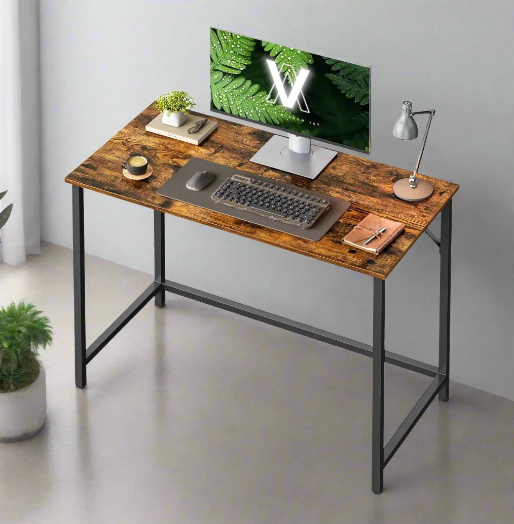 Wooden desk in rectangular shape with computer setup 