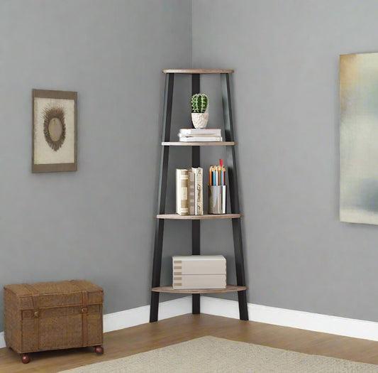 industrial corner bookcase with 4 shelves