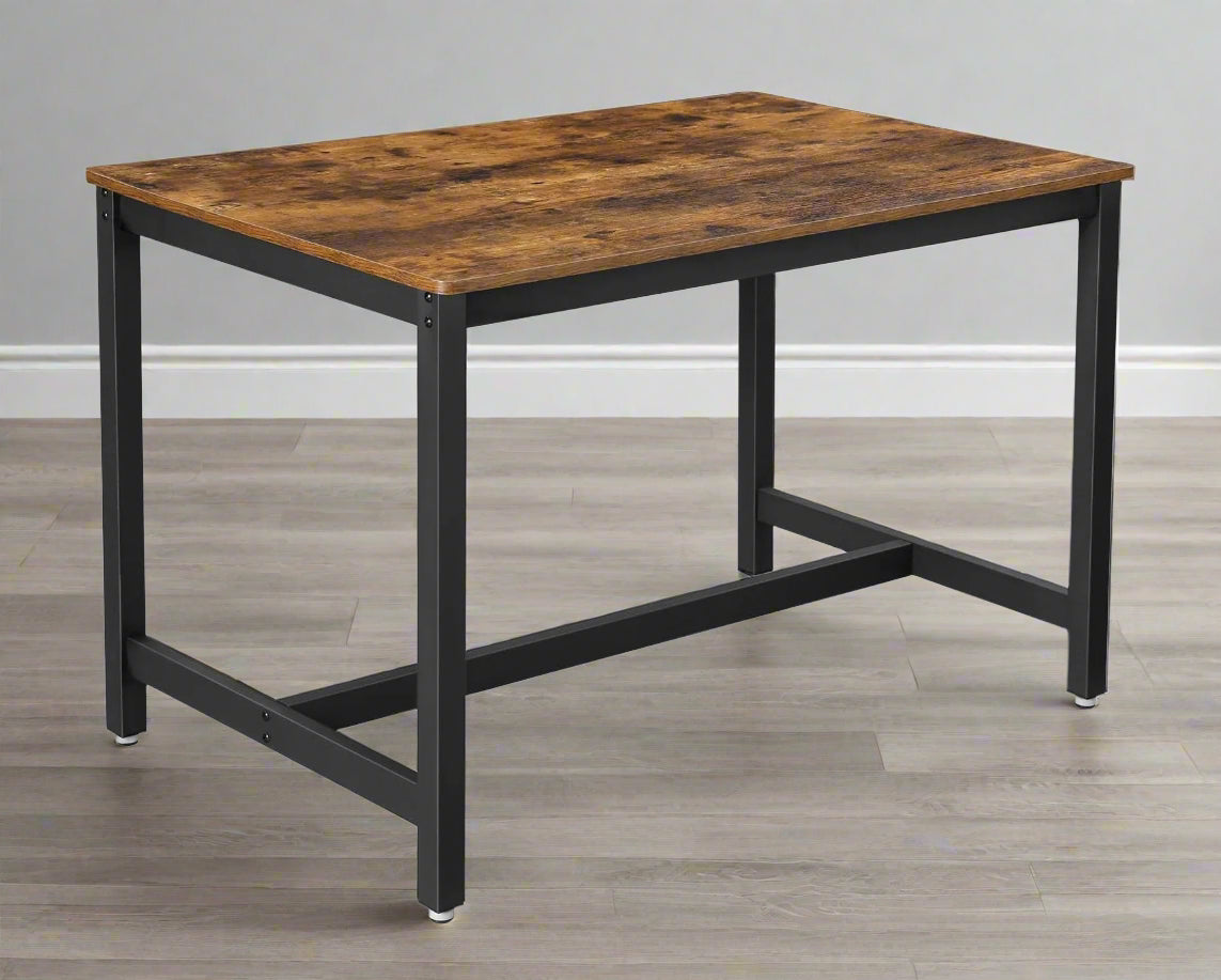 vintage industrial dining table with dark wood top and black base