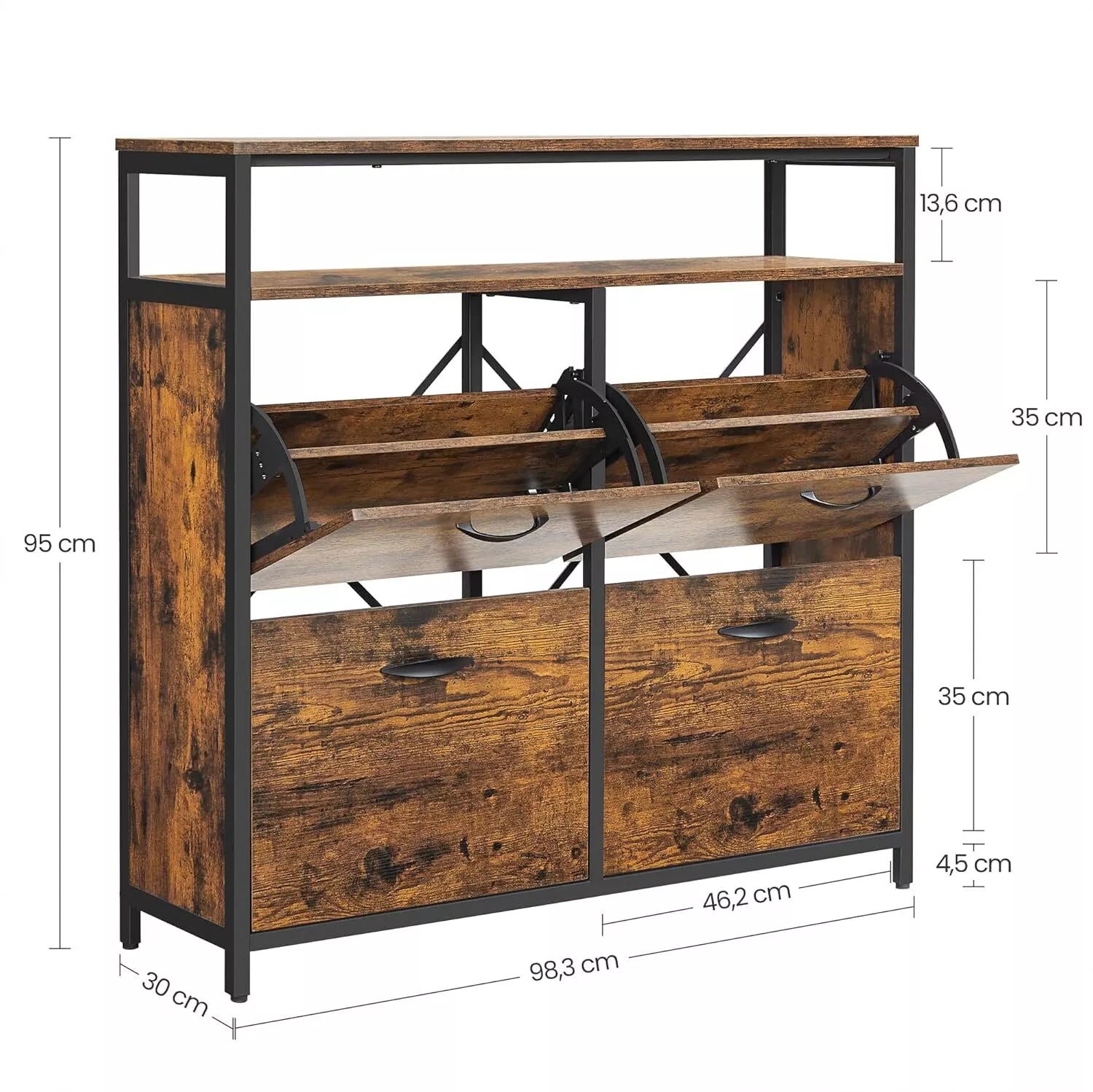 shoe storage unit with four doors in dark wood tone with shelf