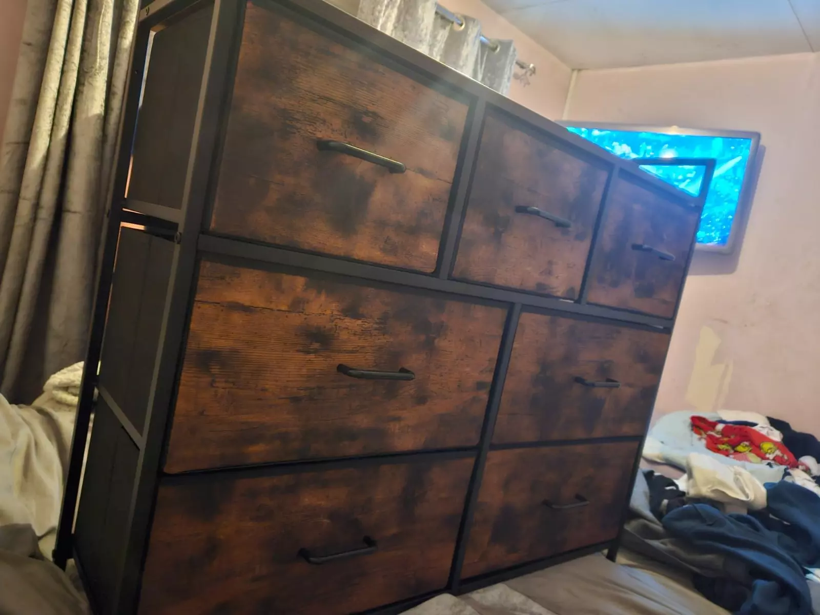bedroom cabinet in dark wood tone and metal frame