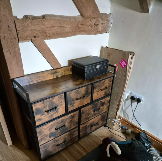 wooden chest of drawers with metal frame