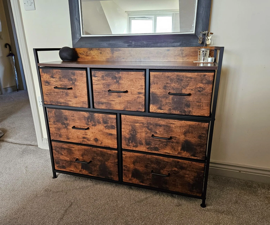 industrial dresser for bedroom in dark wood tone